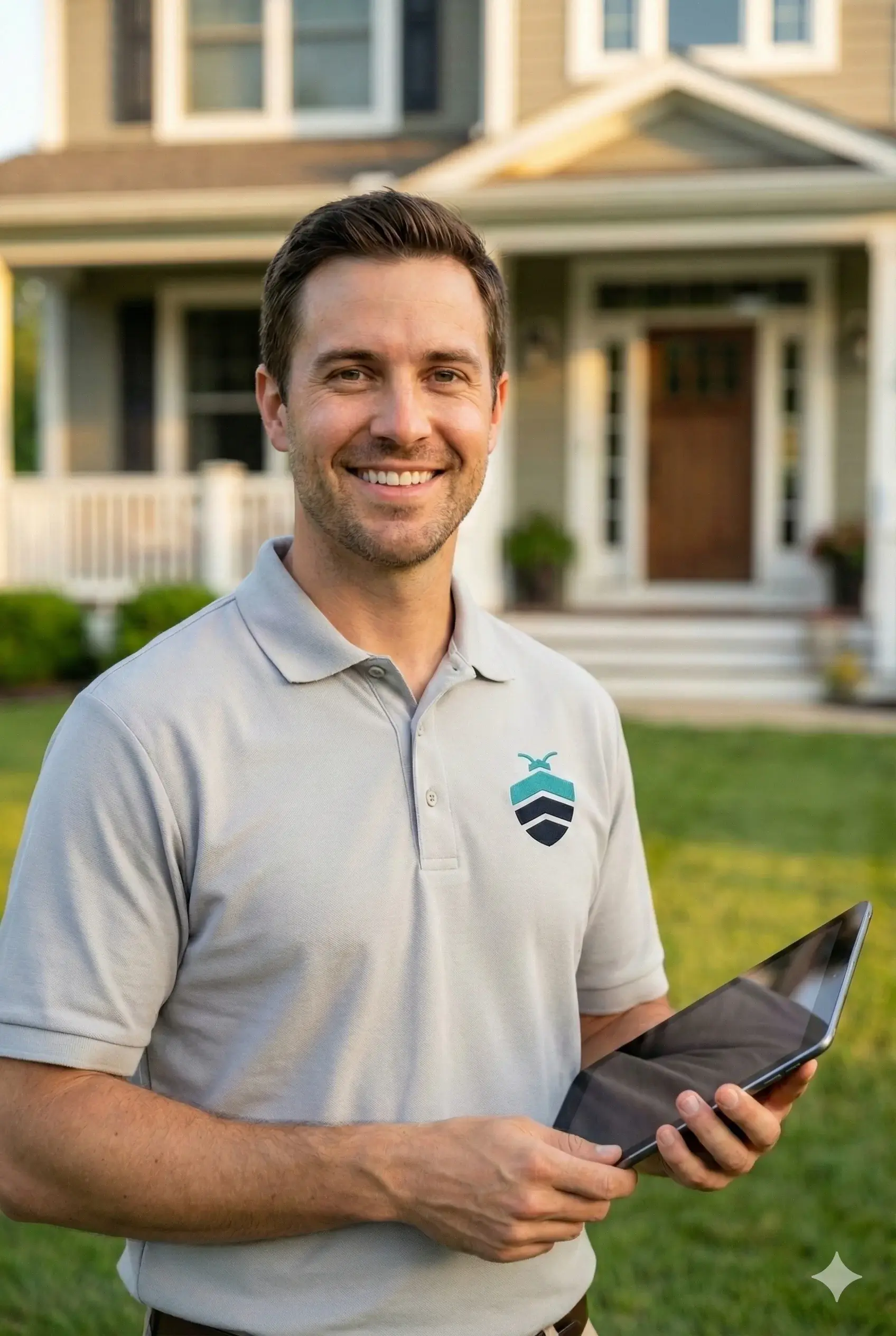 Defense Pest Control technician with tablet explaining service to homeowner